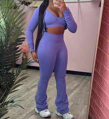 Crop Jacket Flared Two Piece Pants Set