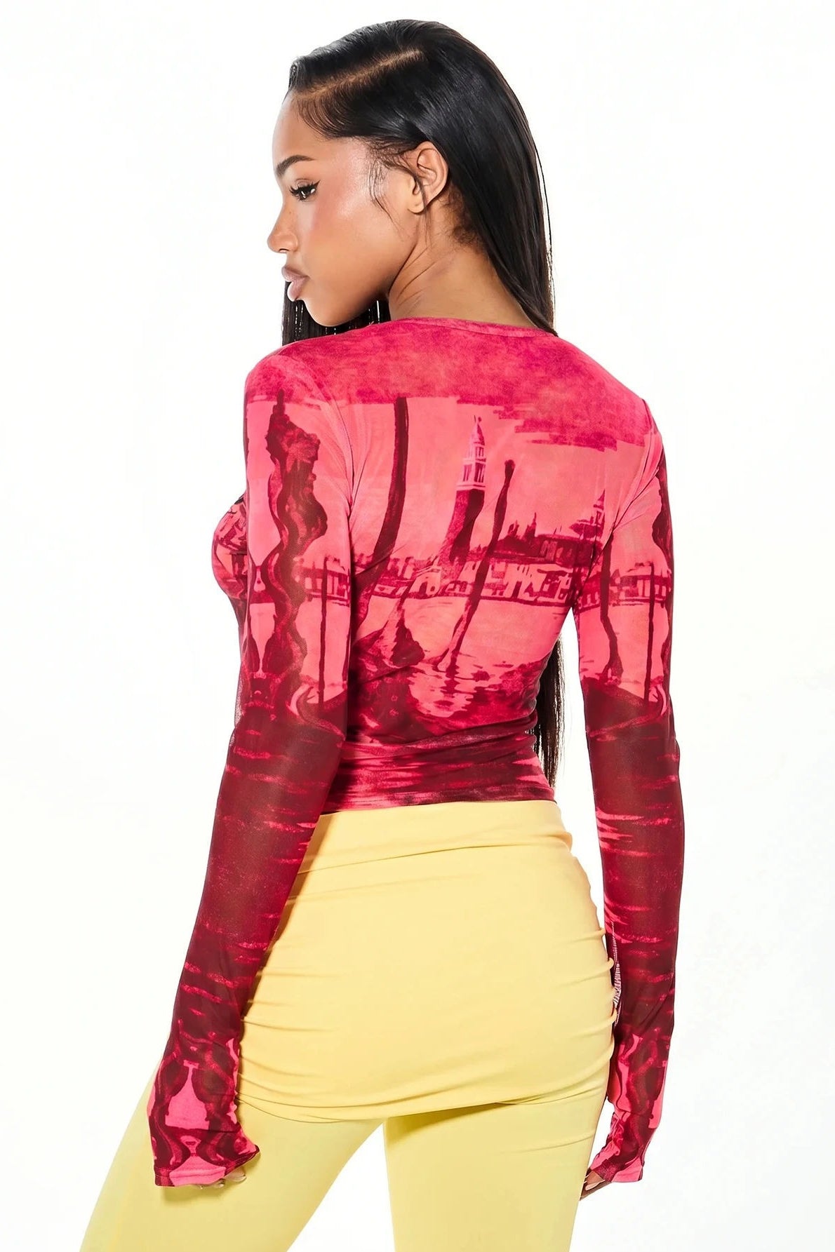 City Print Sheer Thumbhole Long Sleeve Crop Top Secondary image