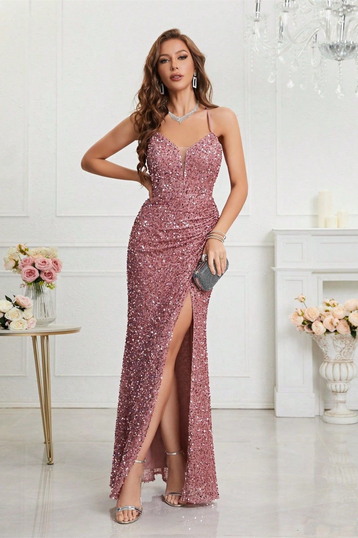 V Neck Slit Sequin Slip Prom Dress Main image