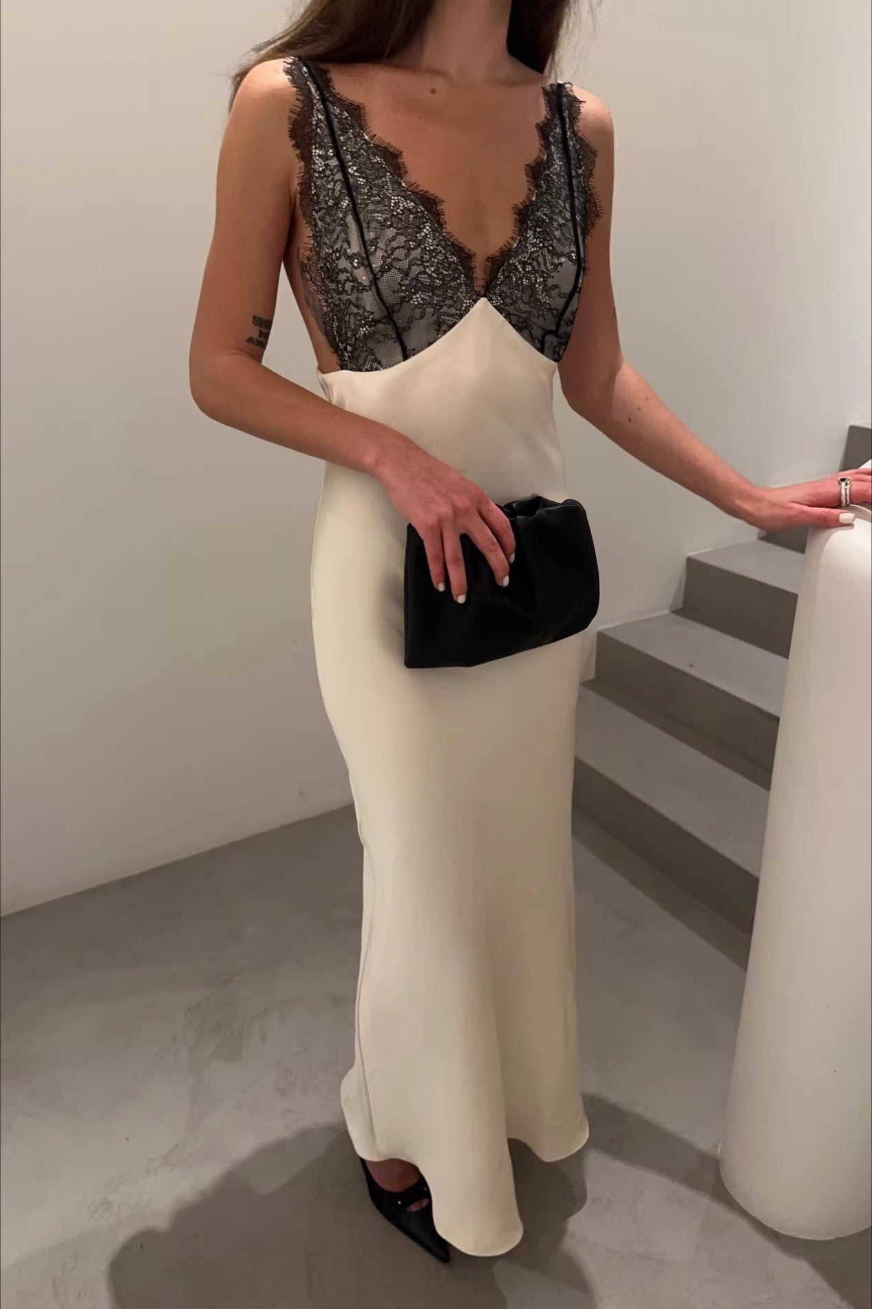 Satin Lace Trim Spaghetti Strap Reception Dress Main image