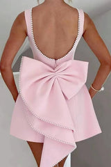 Pearl Bow Backless Mini Birthday Dress