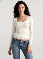 Y2K Lace Bow Paneled Slim U neck Long Sleeve Crop Top