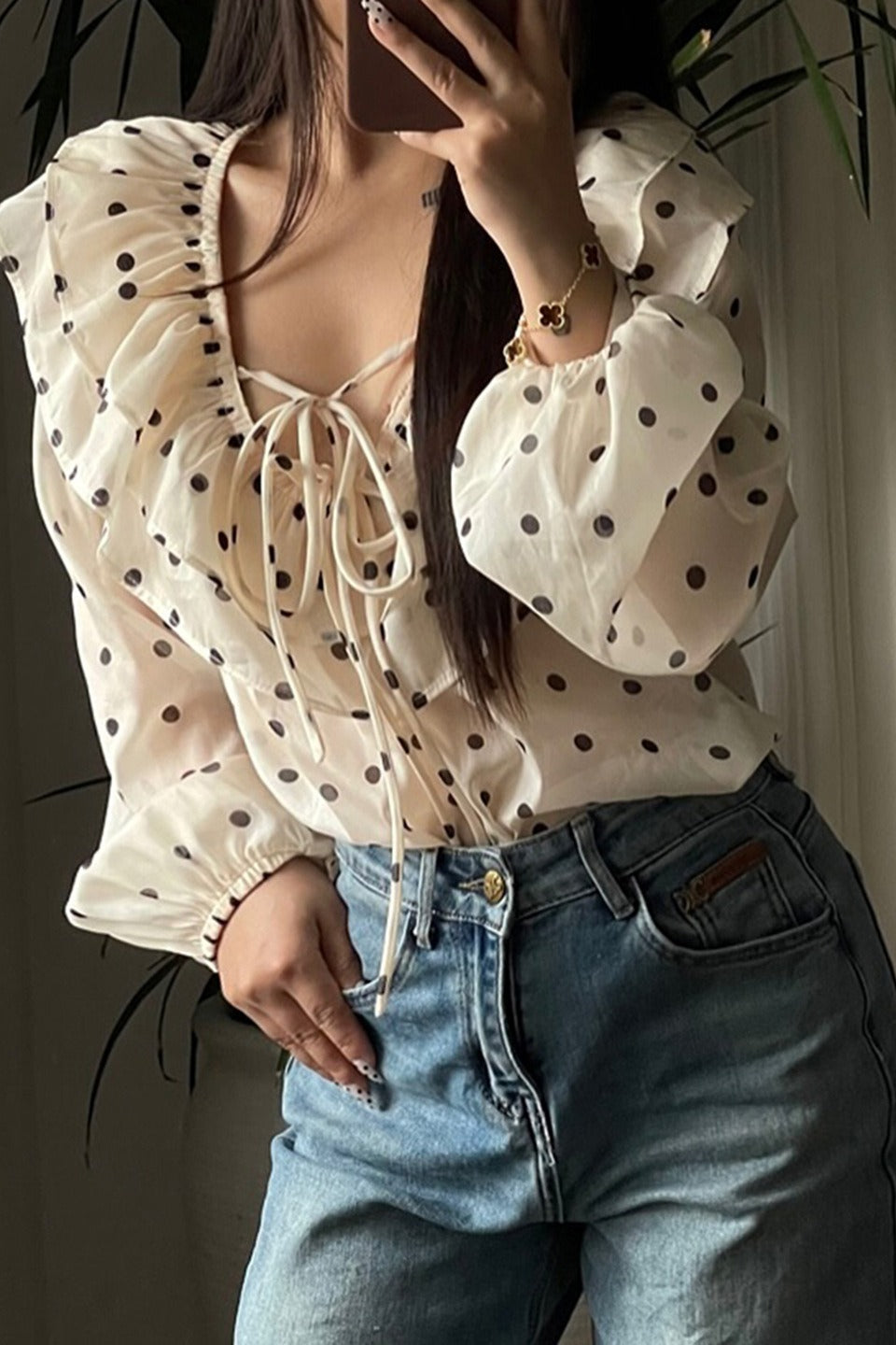 Chiffon Bow Tie Dot Print Blouse Secondary image
