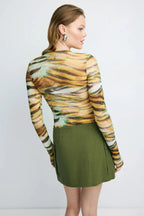 Abstract Print Mock Neck Mesh Long Sleeved T-shirts