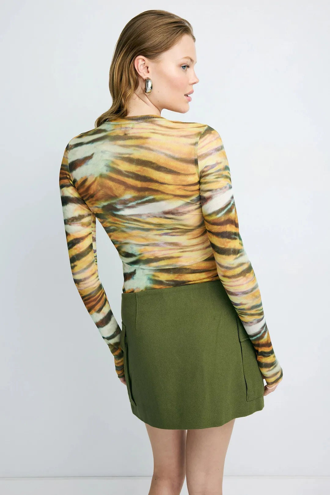 Abstract Print Mock Neck Mesh Long Sleeved T-shirts
