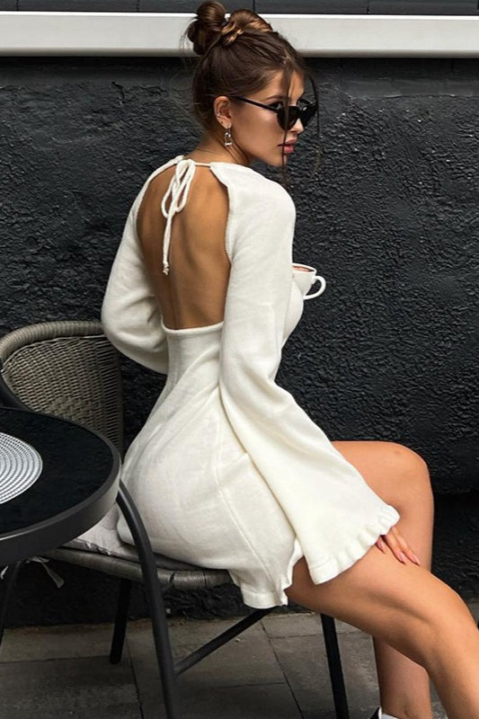 Woolen Backless Tie Detail Flared Sleeve Solid Sweater Dress Secondary image