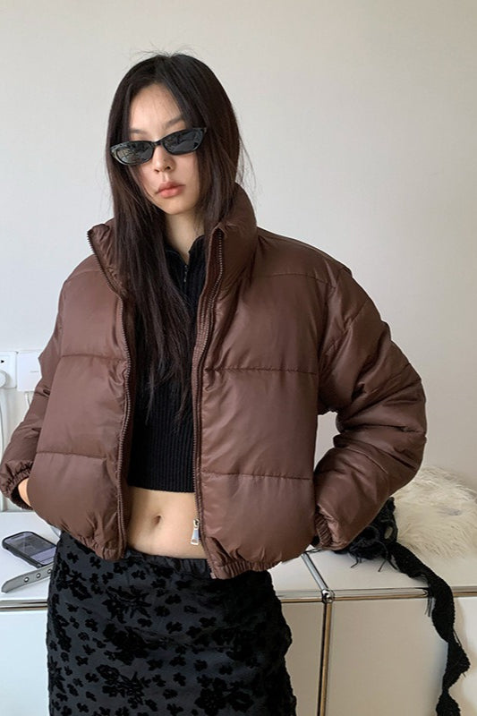 Brown Stand Collar Puffer Coat Secondary image