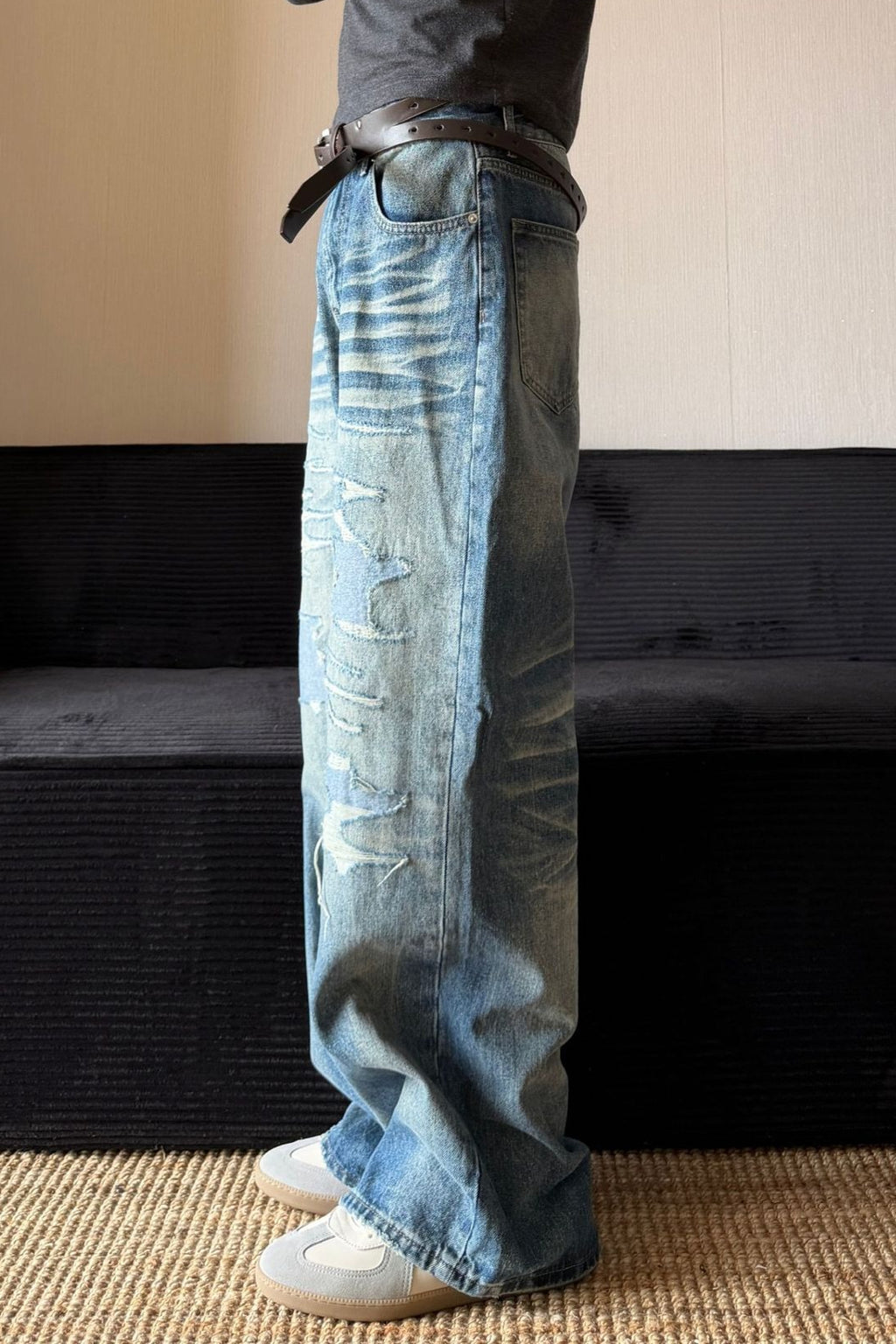 Vintage Washed Distressed Straight Leg Jeans