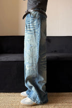 Vintage Washed Distressed Straight Leg Jeans