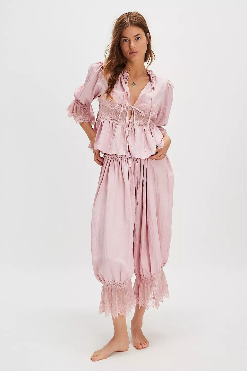 Lace Panel Ruffle Balloon Sleeve Tie Front Blouse