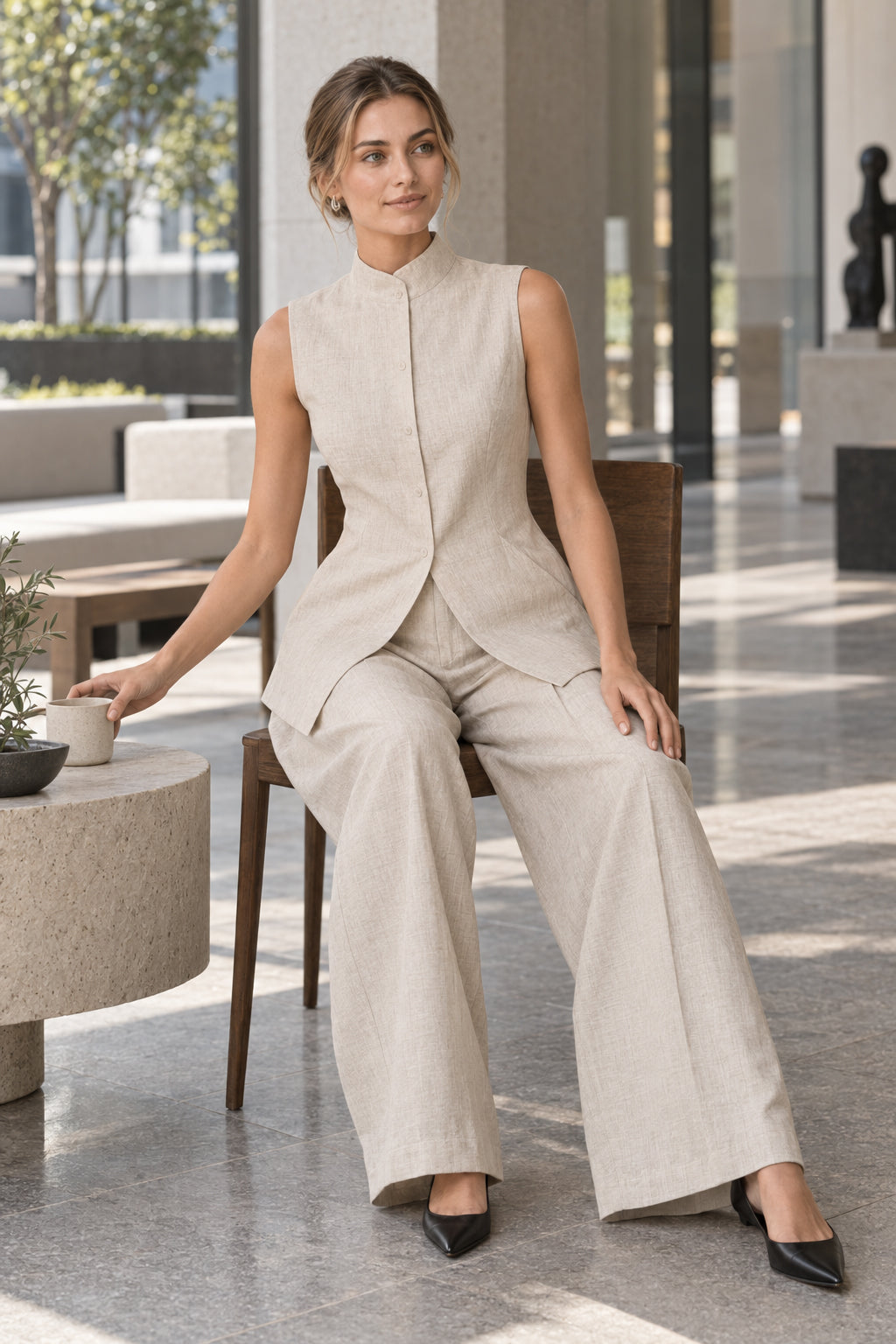 Drape Sleeveless Shirt Elegant Two Piece Work Set