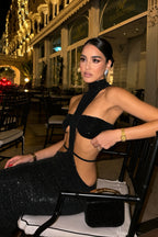 Rhinestone Cutout Crew Neck Backless Midi Dress
