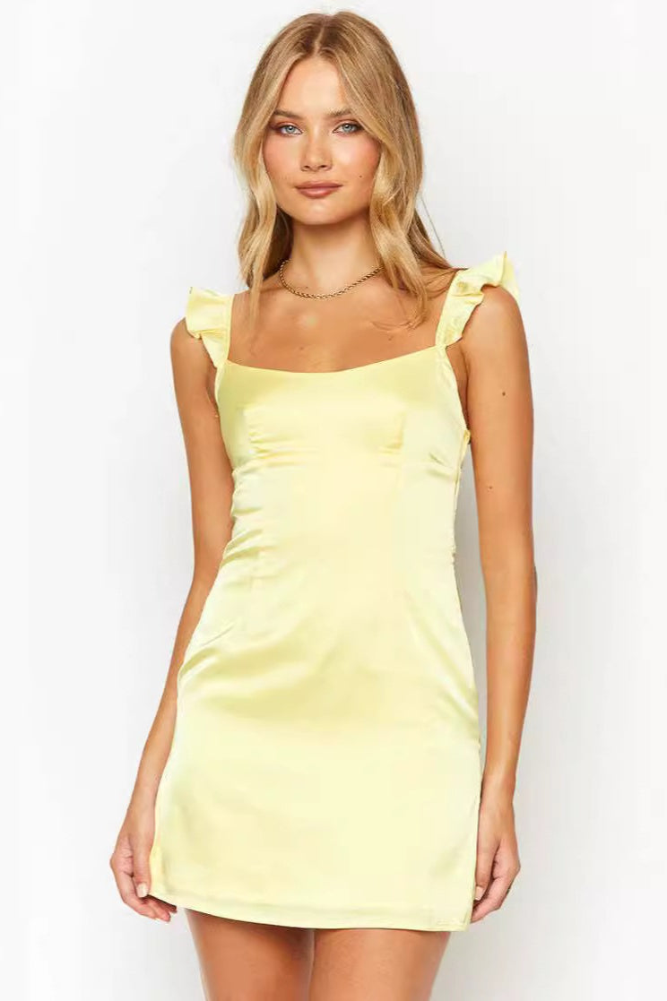Solid Satin Ruffled Strap Sleeveless Mini Silk Dress Main image