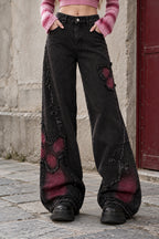 Butterfly Patch Washed Wide Leg Jeans