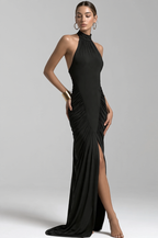 Pleated Halter Slit Slim Party Dress