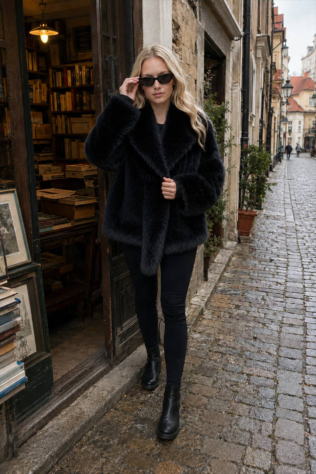 Solid Color Cropped Fur Coat