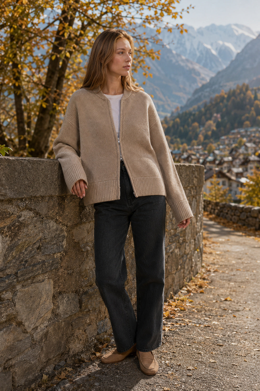 Pleated Knit O Neck Zipper Cardigan
