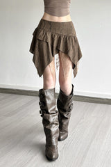 Lace Panel Ruched Asymmetric Mini Skirt