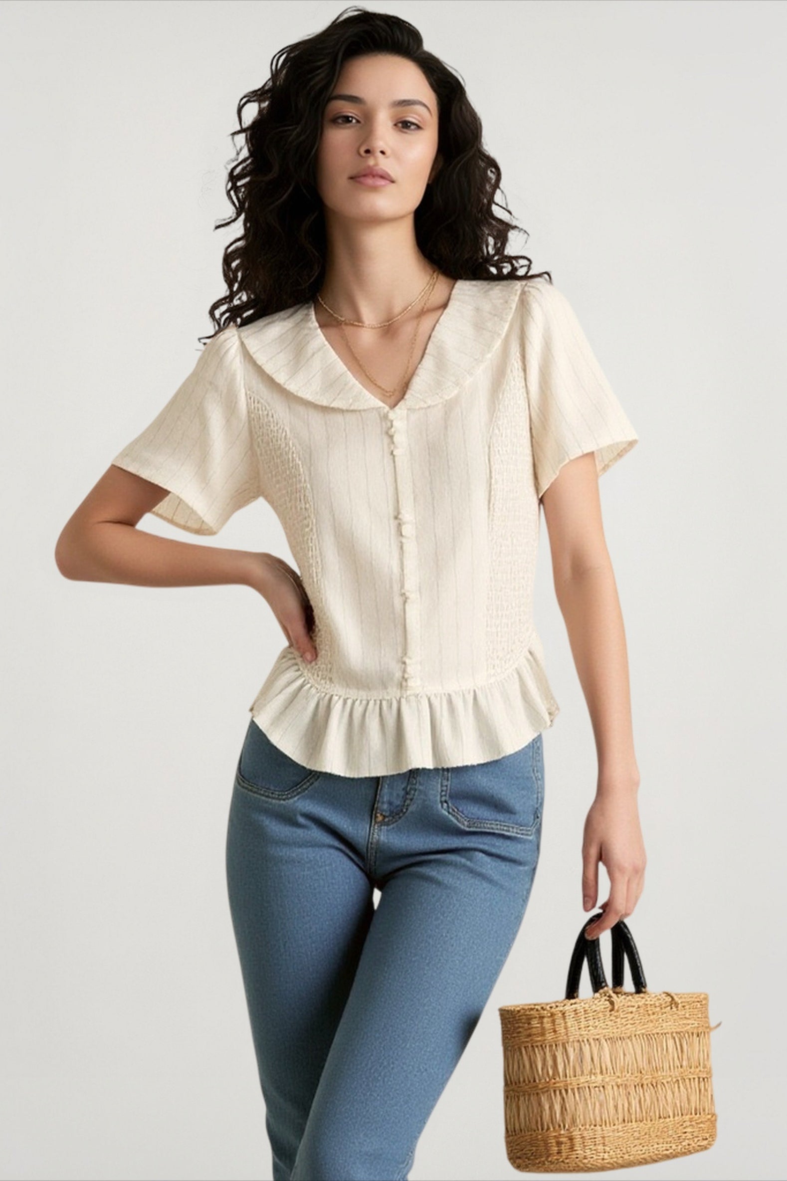 Linen Stripe V Neck Tie Waist Blouse Secondary image