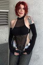 Mesh Cutout Stretch Long Sleeve  Bodysuit