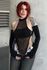 Mesh Cutout Stretch Long Sleeve Sexy Bodysuit