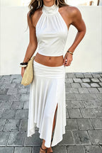 Ruched Button Slit Asymmetric Midi Skirt
