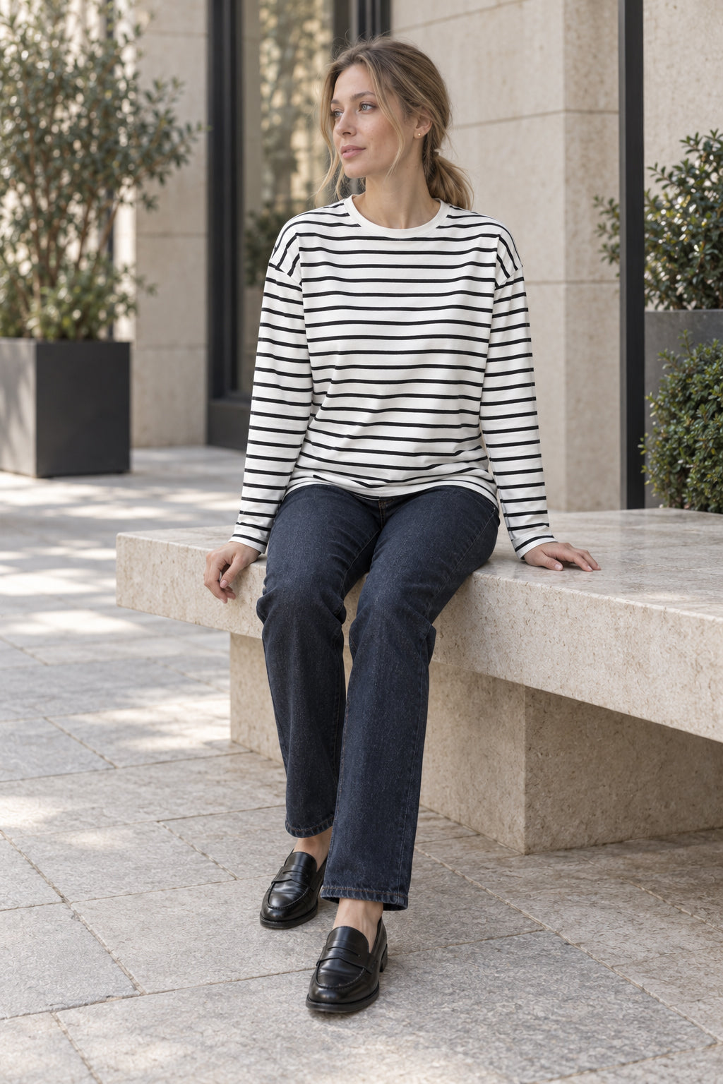 Cotton Striped Crew Neck Long Sleeve Tee Secondary image