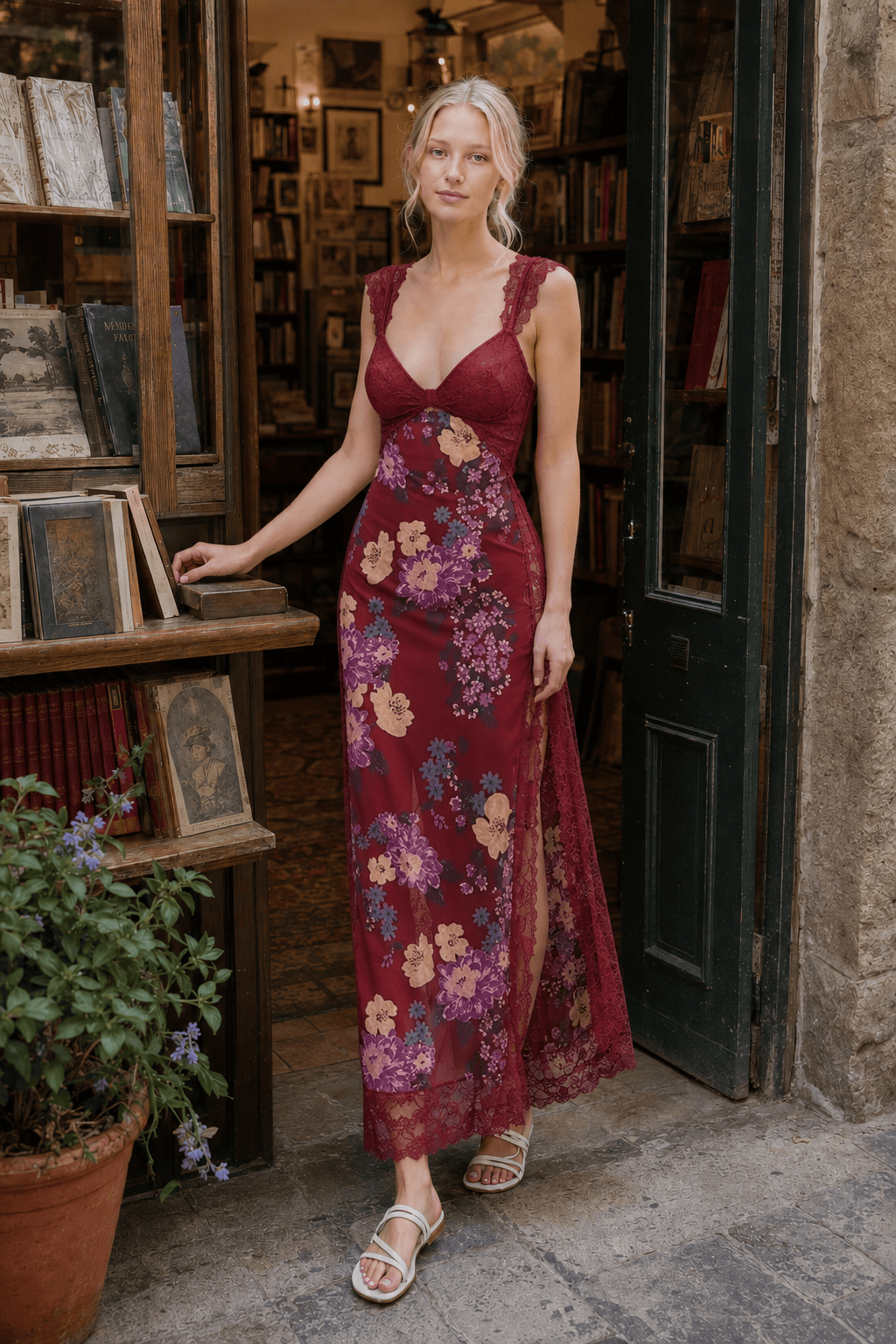 Lace Patchwork Strap Backless Slit Maxi Floral Dress