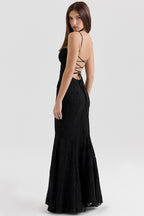 Strapless Lace Backless Waist Tie Maxi Lace Dress