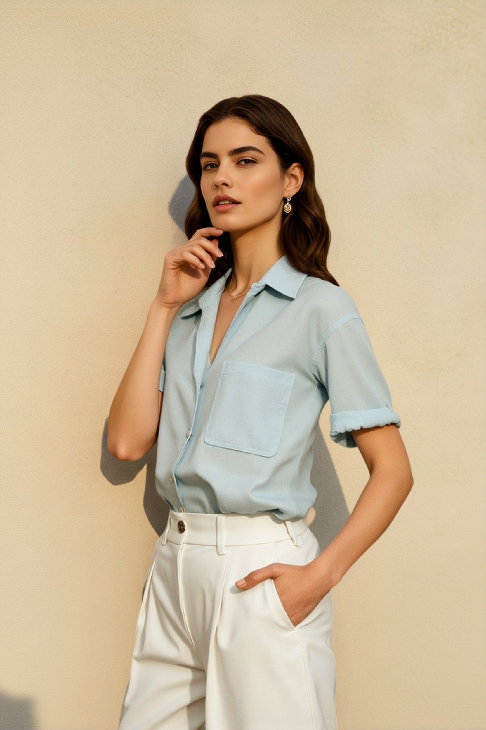 Linen French Deep V Short Blouse Secondary image