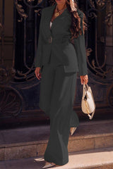 Solid Straight Leg Pants Blazer Casual Two Piece Set