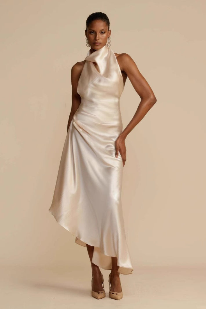 Elegant Solid Long Sleeve V-Neck Satin Lurex Formal Dress Main image
