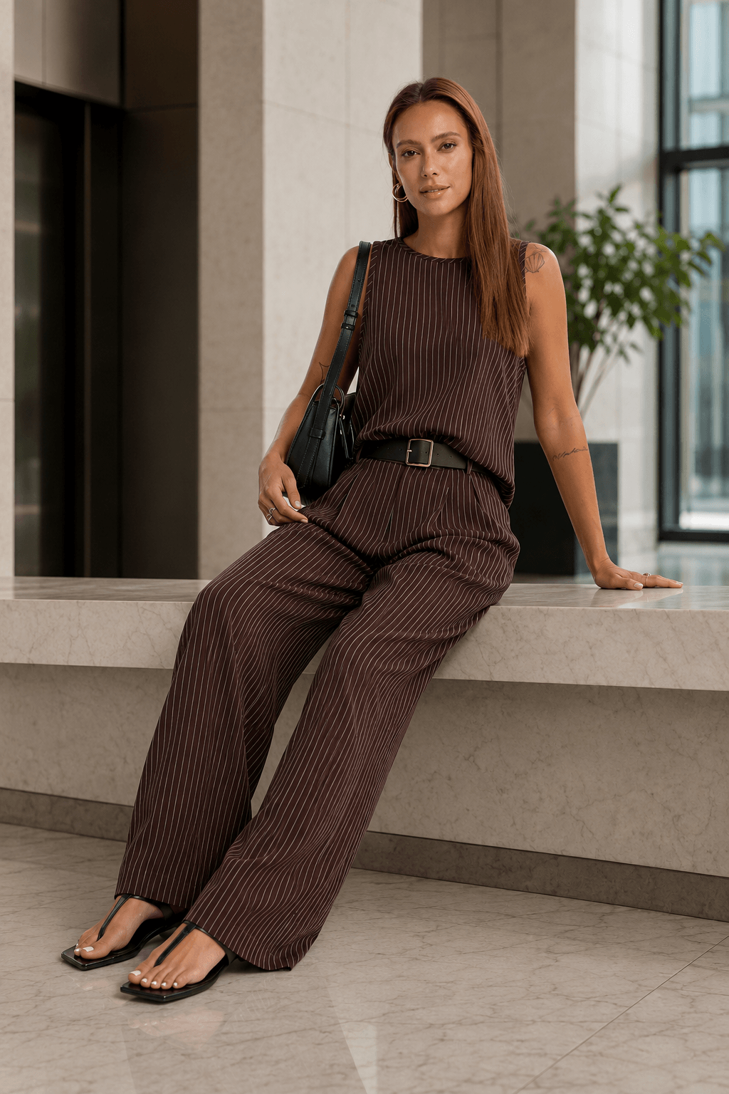 Stripe Crew Sleeveless High Waist Wide Leg Work Set Secondary image