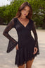 V Neck Bell Sleeve Pleated Mini Lace Dress