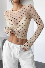 Polka Dot Mesh Slim Fit Long Sleeve Crop Top