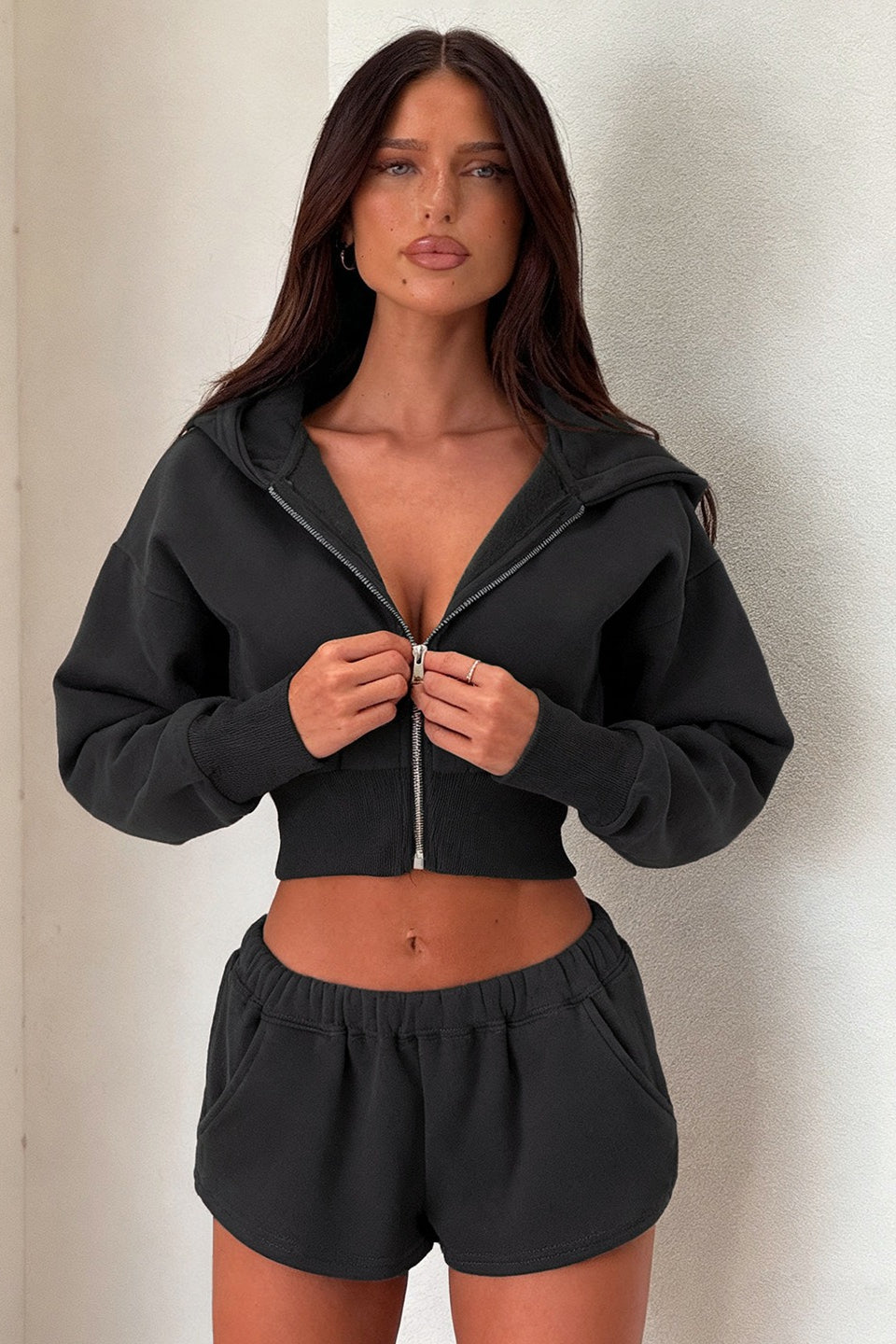 Basic Solid Cropped Hoodie Casual Two-Piece Set