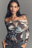 Abstract Print Mesh Off Shoulder T-shirts