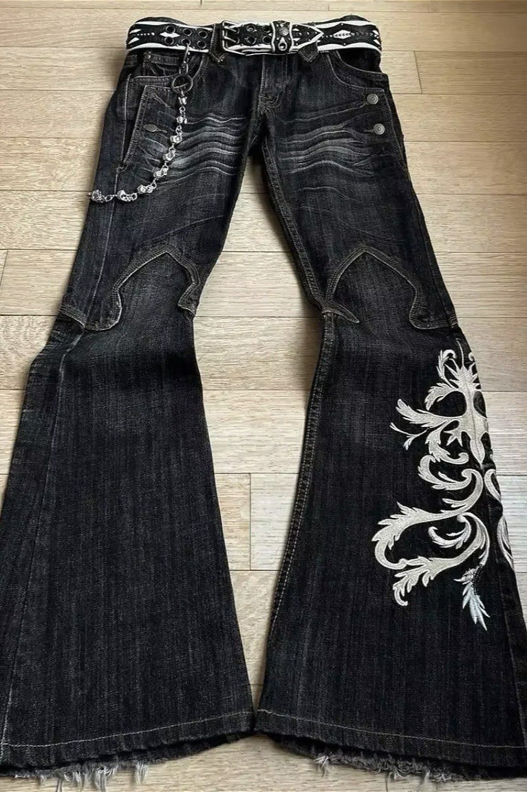 Double Waist Distressed Washed Flare Jeans