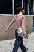 Draped V Neck Mesh Long Sleeve T-Shirt