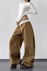 High Waist Lace Paneled Straight Wide Leg Floor Length Jeans