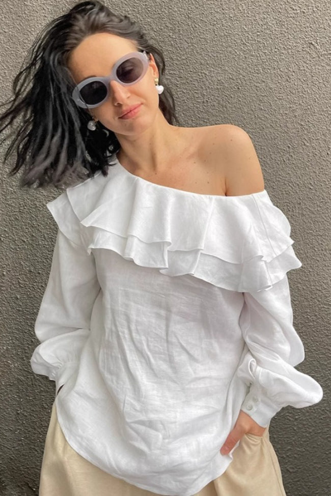 Slash Neck Ruffle Trim Blouse Secondary image