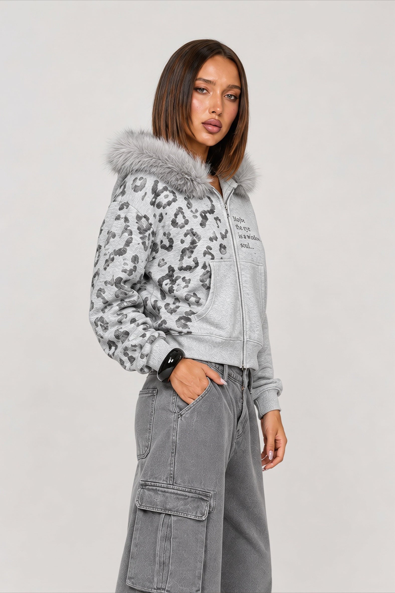 Faux Fur Leopard Panel Zip Front Hoodie Secondary image
