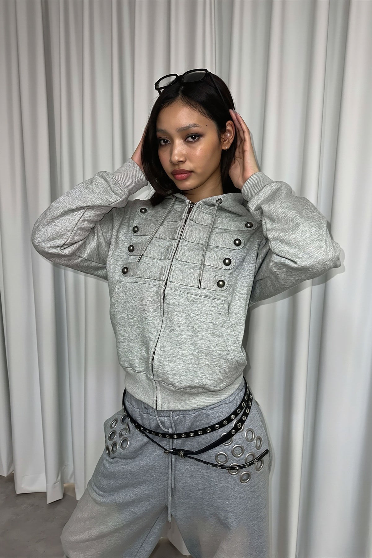 Military Button Fitted Zip Up Hoodie