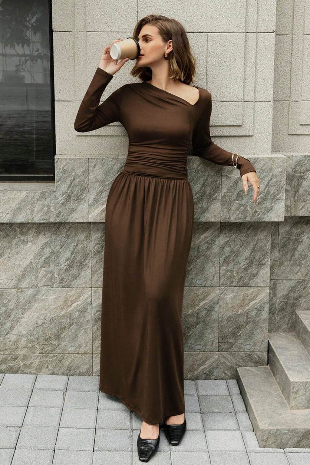 Asymmetric Neck Ruched Waist Flowing Maxi Dress