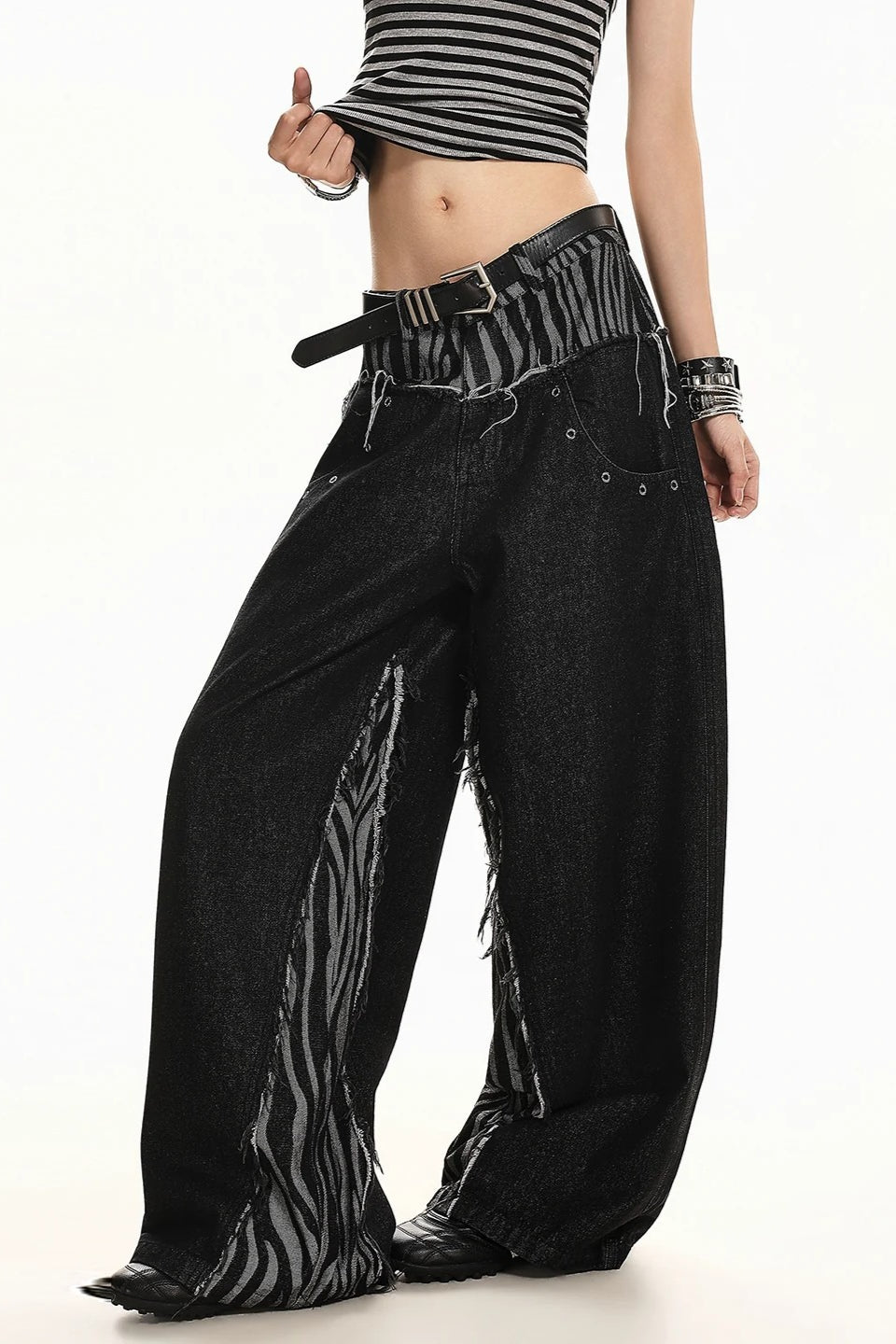 Zebra Panel Double Waist Wide Leg Jeans Main image