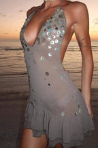 Halter Backless Sequin Ruffle Trendy Mini Sequin Dress