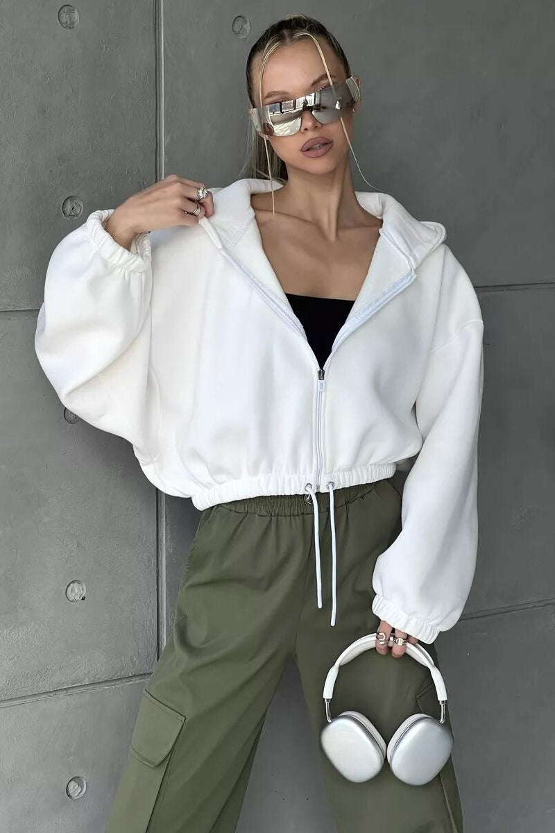Cropped Waist Cinched Long Sleeve Zip-Up Hoodie