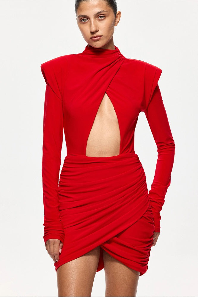 Mock Neck Cutout Ruched Bodycon Mini Party Dress