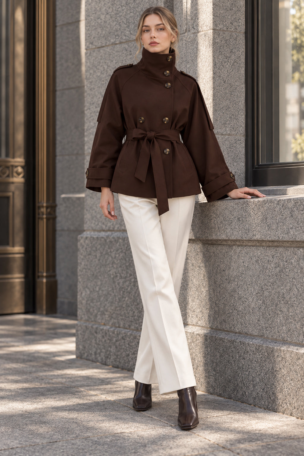 Turtleneck Double Breasted Waist Tie Coat