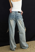 Washed Patchwork Distressed Wide Leg Streetwear Jeans